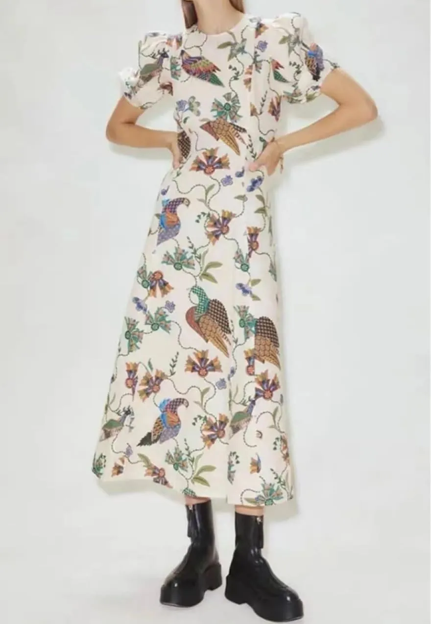 Womens Printed Boho Maxi Dress Womens Crew Neck Maxi Dresses Puff Sleeve A-line Dress Floral Dresses