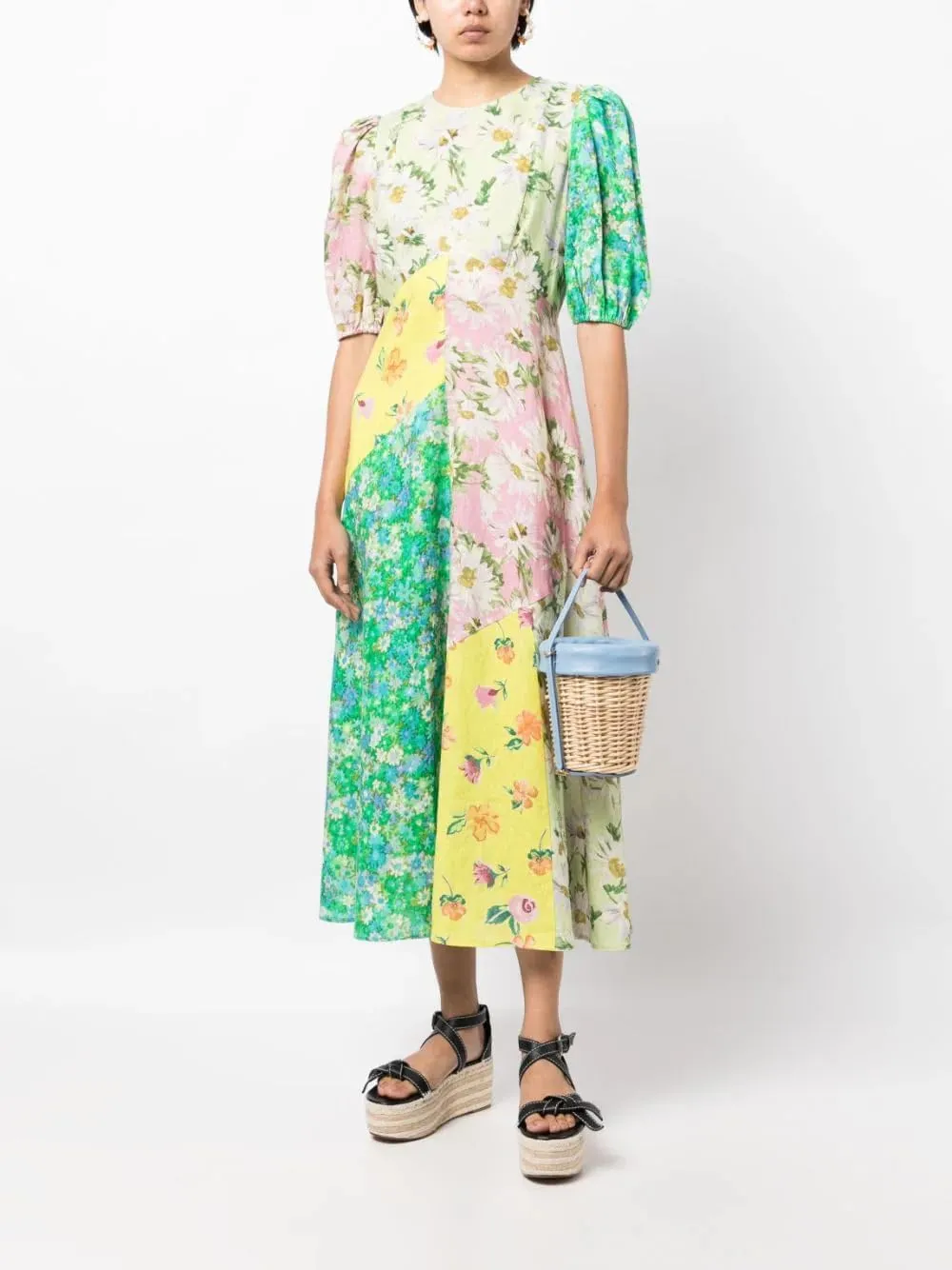Womens Printed Boho Maxi Dress Womens Crew Neck Maxi Dresses Puff Sleeve A-line Dress Floral Dresses