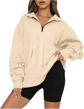 Womens Quarter Zip Pullover Cropped Fleece Hoodies Lightweight Crew Neck Sweatshirt Casual Fall Outfit