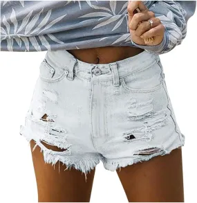 Womens Ripped Hole Denim Shorts High Waisted Stretchy Fashionable Vintage Short Jeans Pure Color Fray Hem Hot Shorts Womens Shorts for Summer