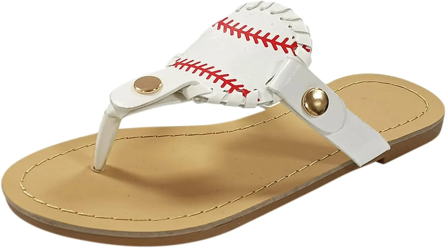 Womens Sandals, Baseball Flip-Flop Sandals Womens, Vintage Print Sandals Flat Pinch Toe Comfortable Sandals Summer Dressy Casual Sandals