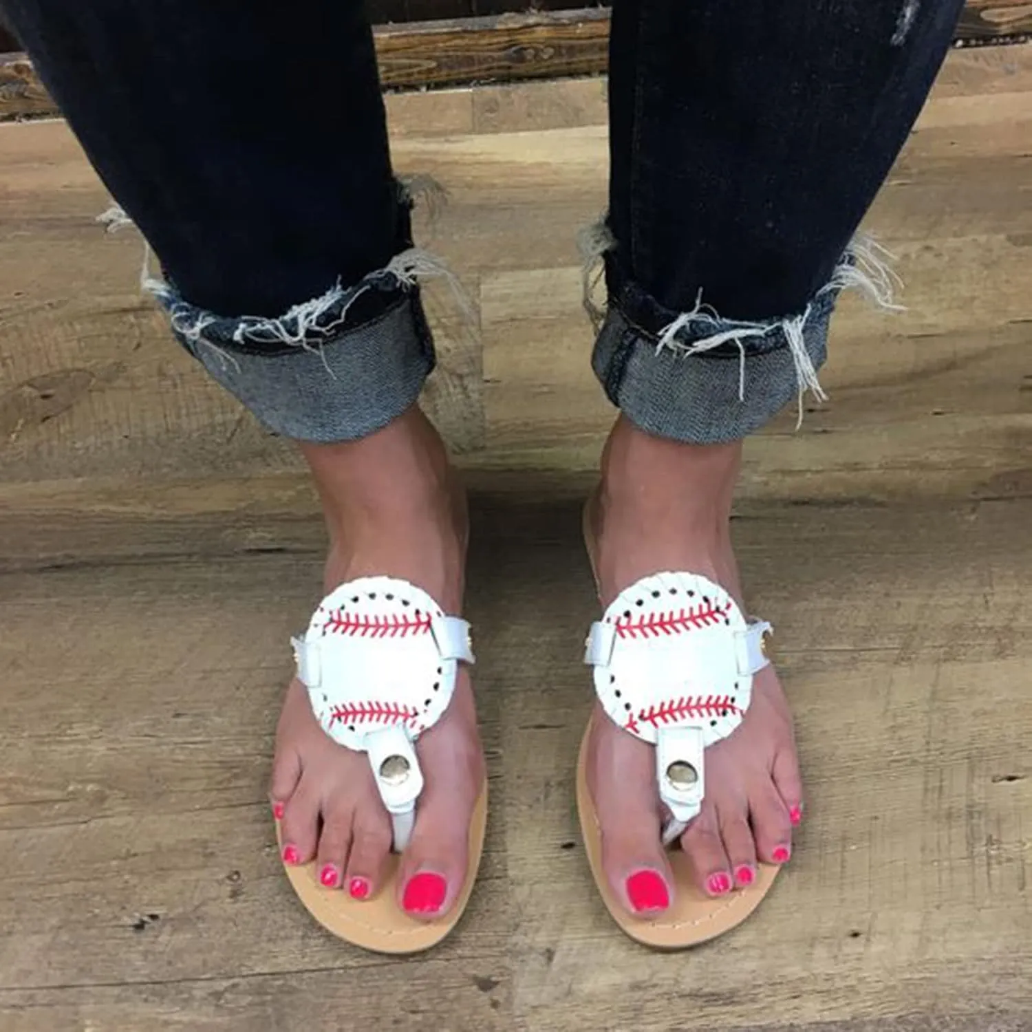 Womens Sandals, Baseball Flip-Flop Sandals Womens, Vintage Print Sandals Flat Pinch Toe Comfortable Sandals Summer Dressy Casual Sandals