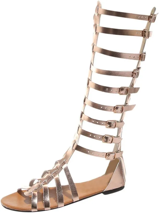 Womens Sandals, Roman Lace-Up Knee-High Womens Sandals, Women's Flat Strappy Sandals Retro Hollowed Out Summer Sandals