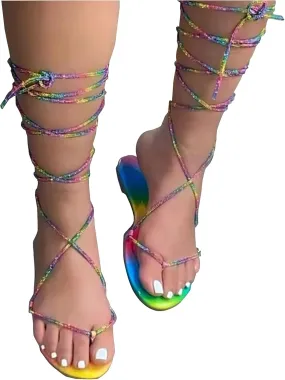 Womens Sandals, Roman Lace-Up Knee-High Womens Sandals, Women's Flat Strappy Sandals Retro Hollowed Out Summer Sandals