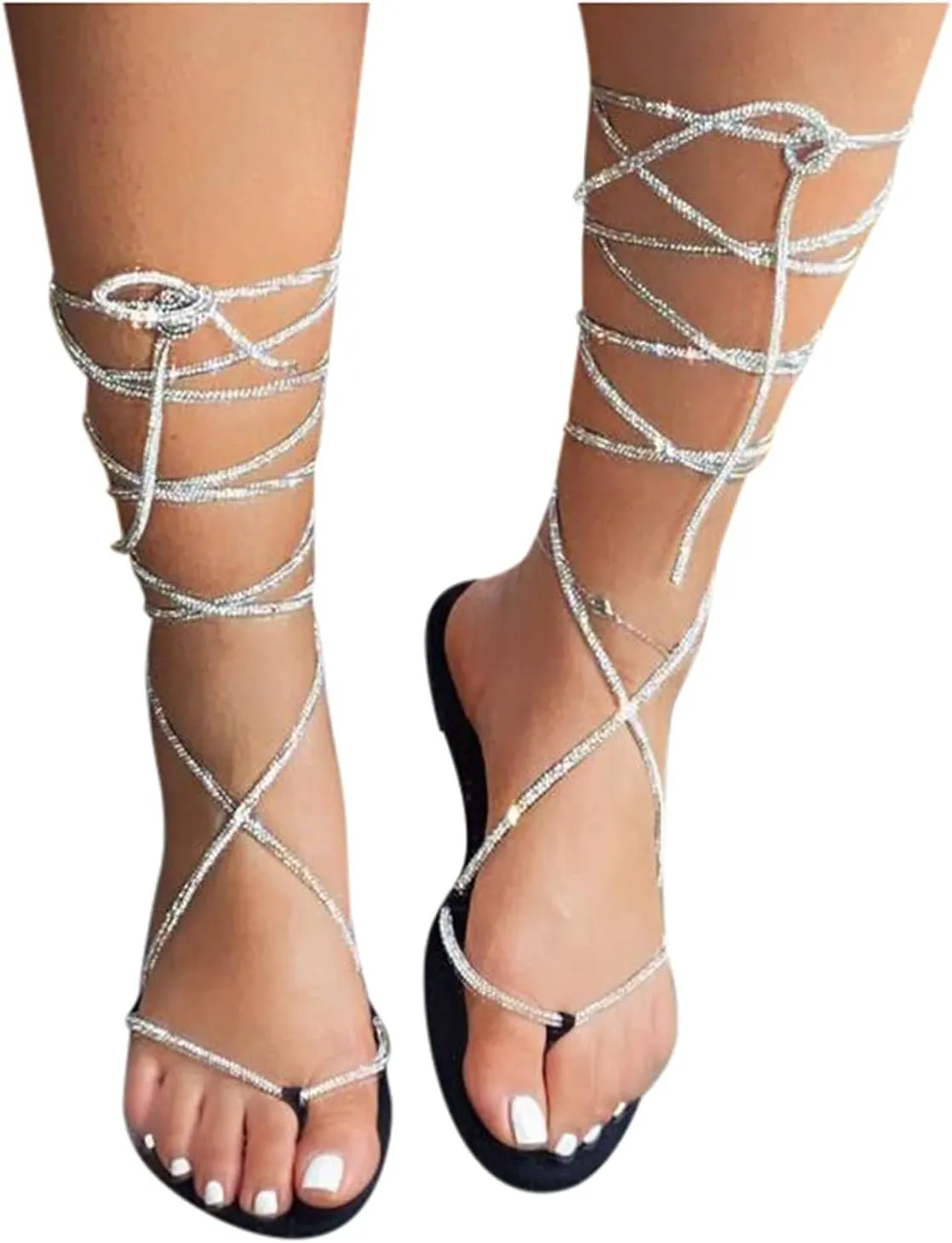 Womens Sandals, Roman Lace-Up Knee-High Womens Sandals, Women's Flat Strappy Sandals Retro Hollowed Out Summer Sandals
