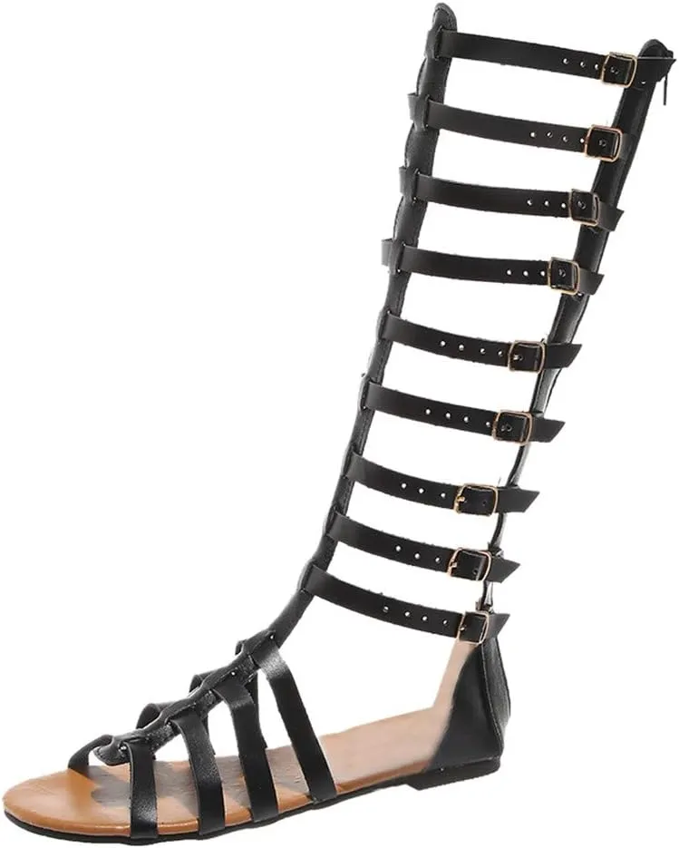 Womens Sandals, Roman Lace-Up Knee-High Womens Sandals, Women's Flat Strappy Sandals Retro Hollowed Out Summer Sandals
