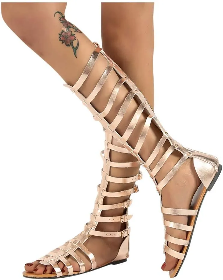 Womens Sandals, Roman Lace-Up Knee-High Womens Sandals, Women's Flat Strappy Sandals Retro Hollowed Out Summer Sandals