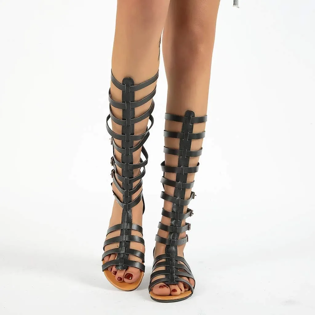 Womens Sandals, Roman Lace-Up Knee-High Womens Sandals, Women's Flat Strappy Sandals Retro Hollowed Out Summer Sandals