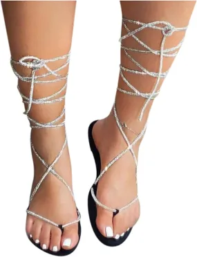Womens Sandals, Roman Lace-Up Knee-High Womens Sandals, Women's Flat Strappy Sandals Retro Hollowed Out Summer Sandals