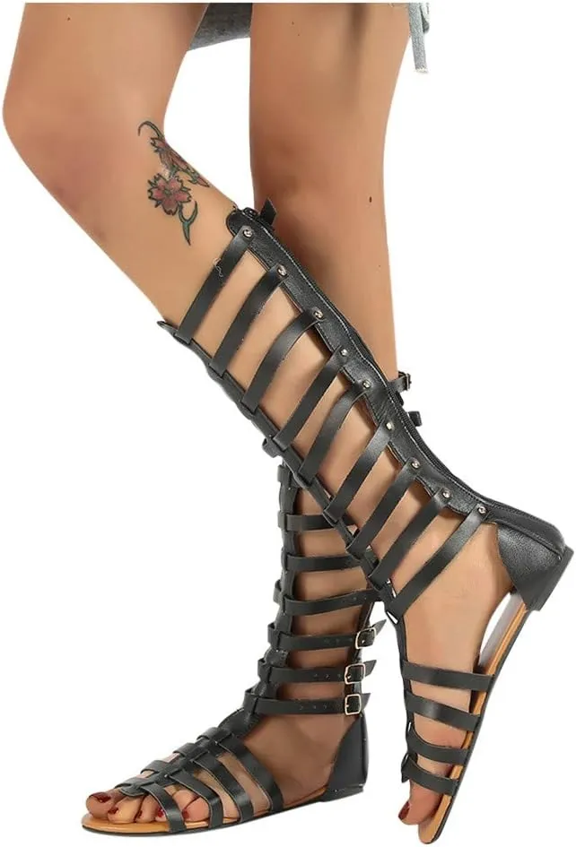 Womens Sandals, Roman Lace-Up Knee-High Womens Sandals, Women's Flat Strappy Sandals Retro Hollowed Out Summer Sandals