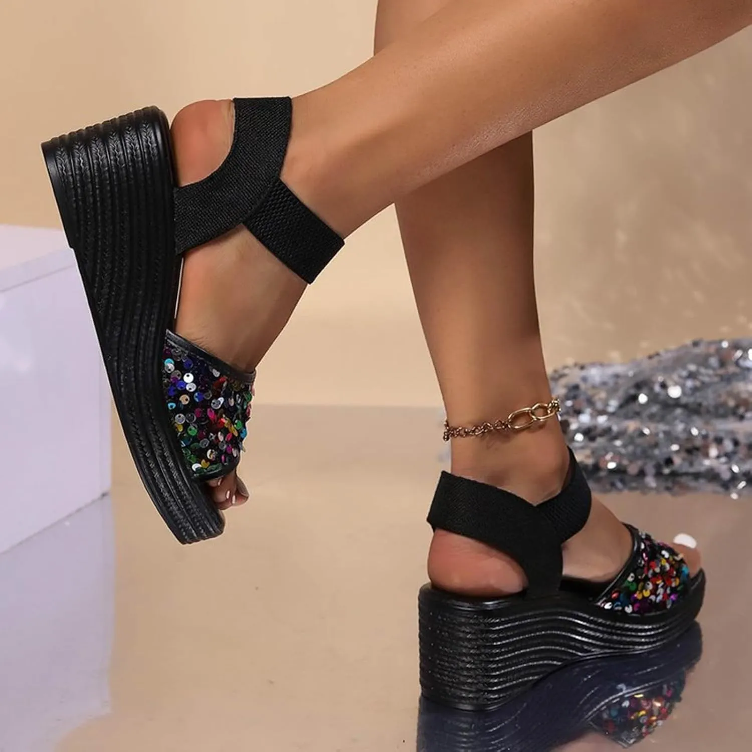 Women's Sandals Women's Slope High Heel Sandals Sequin Fashion Casual Sandals Women Womens Leather Sandals Size 6