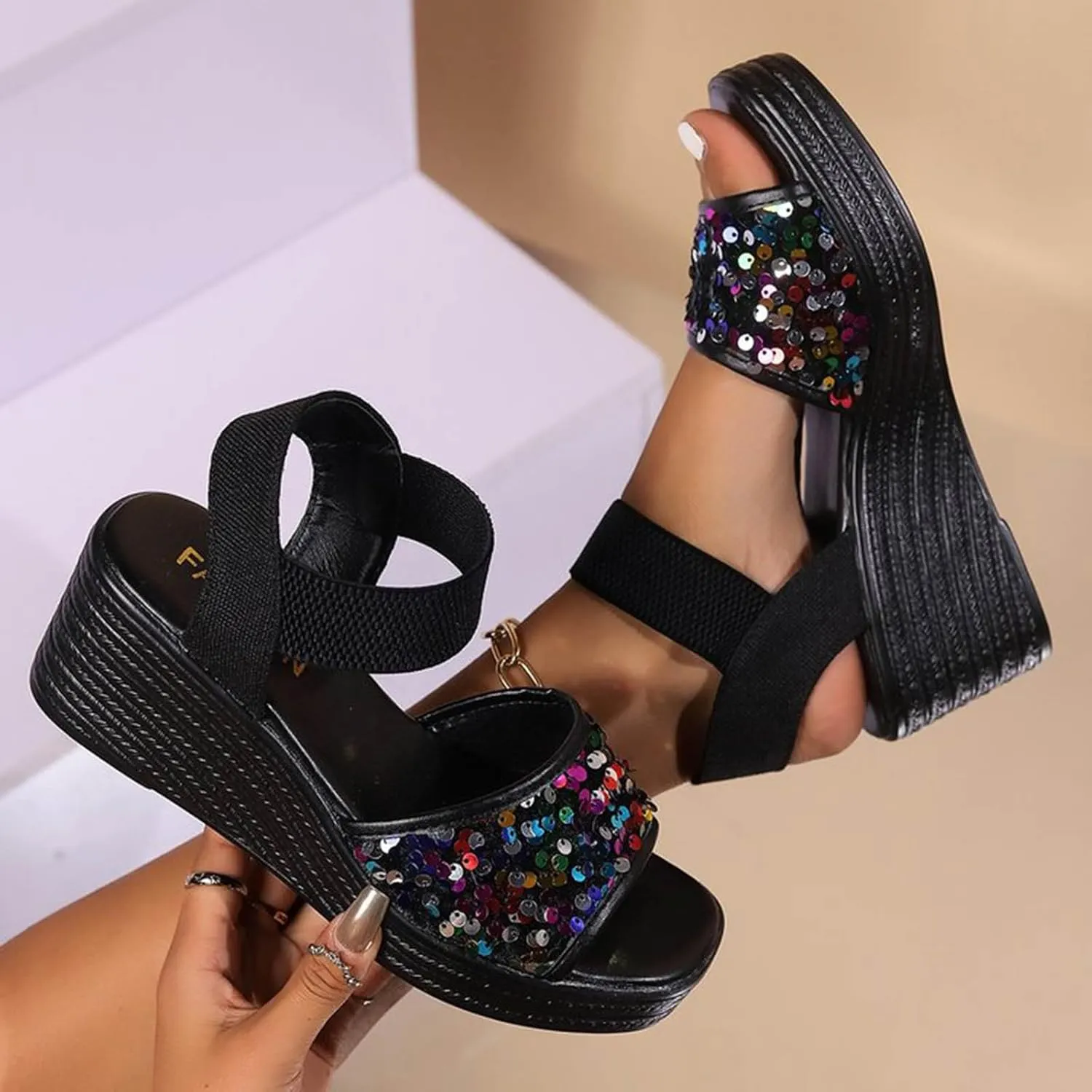 Women's Sandals Women's Slope High Heel Sandals Sequin Fashion Casual Sandals Women Womens Leather Sandals Size 6
