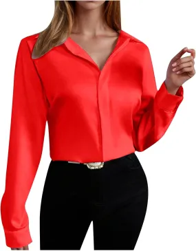 Womens Satin Polo Shirt Long Sleeve V Neck Dress Shirts Casual Loose Work Blouse Tops 2024 Trendy Fall Outfits