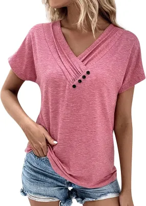 Womens Short Sleeve Dressy Casual Tshirt Loose Button Decor Summer Tunic Blouses