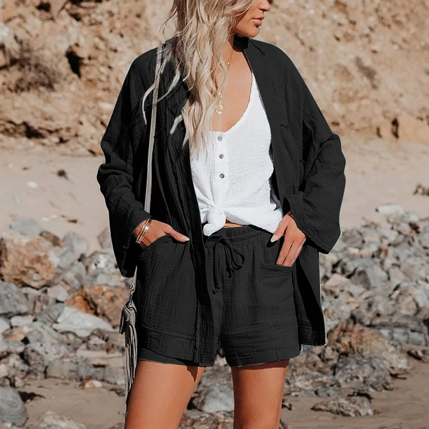 Womens Shorts for Summer Casual Linen Shorts Drawstring Elastic Waist Shorts with Pockets Comfy Bermuda Shorts Workout Shorts