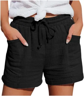 Womens Shorts for Summer Casual Linen Shorts Drawstring Elastic Waist Shorts with Pockets Comfy Bermuda Shorts Workout Shorts