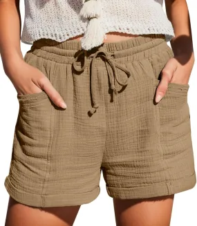 Womens Shorts for Summer Casual Linen Shorts Drawstring Elastic Waist Shorts with Pockets Comfy Bermuda Shorts Workout Shorts