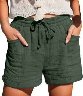 Womens Shorts for Summer Casual Linen Shorts Drawstring Elastic Waist Shorts with Pockets Comfy Bermuda Shorts Workout Shorts