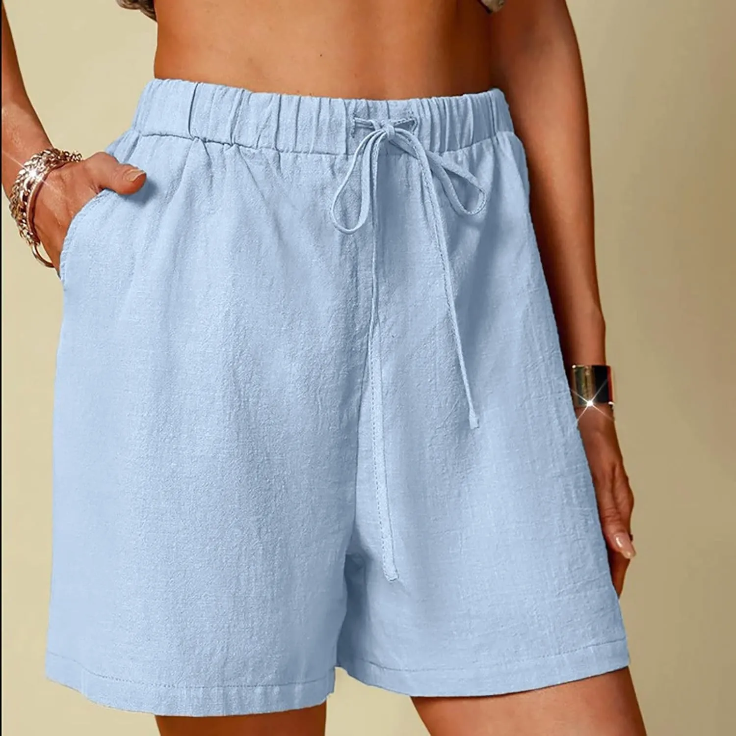 Womens Shorts Summer 2025 Casual Linen Shorts Drawstring Elastic Waist Shorts Pants Loose High Waist Shorts Pants