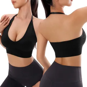 Womens Solid Color Womens Sports Bras High Support Comfortable Workout Ribbed High Impact Halter Scoop Neck Plus Size String