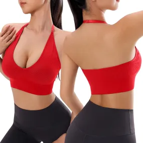 Womens Solid Color Womens Sports Bras High Support Comfortable Workout Ribbed High Impact Halter Scoop Neck Plus Size String