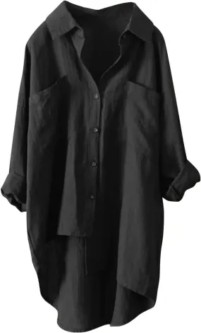 Women's Solid Cotton Linen Lapel Shirt Short Front and Long Back Loose Super Long Top Mid-Sleeve Button-Down T-Shirt