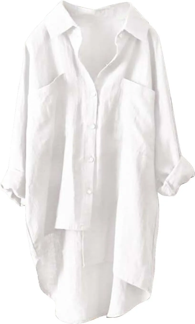 Women's Solid Cotton Linen Lapel Shirt Short Front and Long Back Loose Super Long Top Mid-Sleeve Button-Down T-Shirt