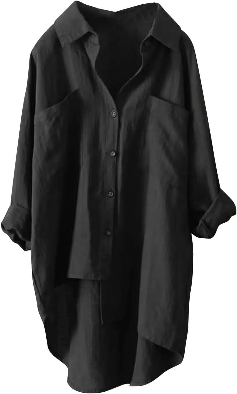 Women's Solid Cotton Linen Lapel Shirt Short Front and Long Back Loose Super Long Top Mid-Sleeve Button-Down T-Shirt