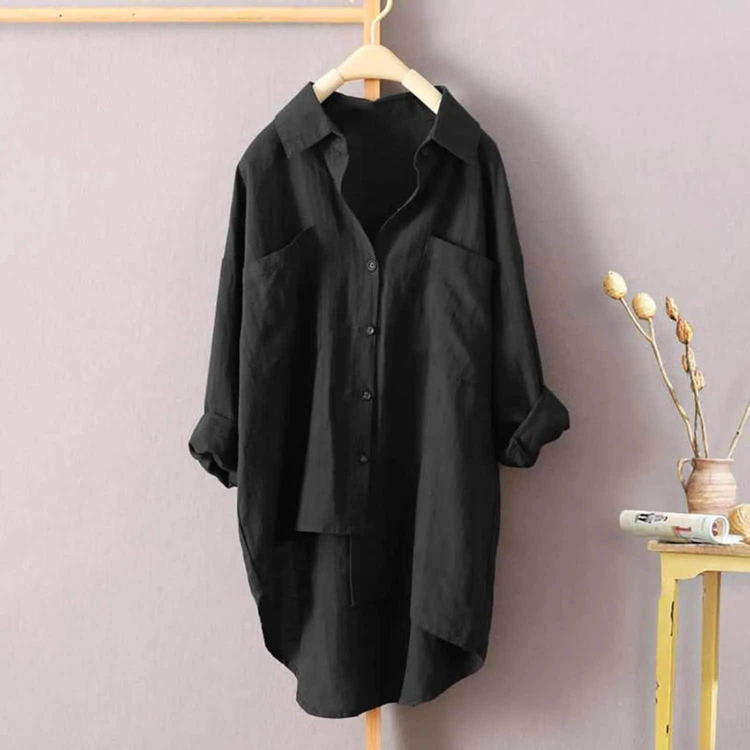 Women's Solid Cotton Linen Lapel Shirt Short Front and Long Back Loose Super Long Top Mid-Sleeve Button-Down T-Shirt