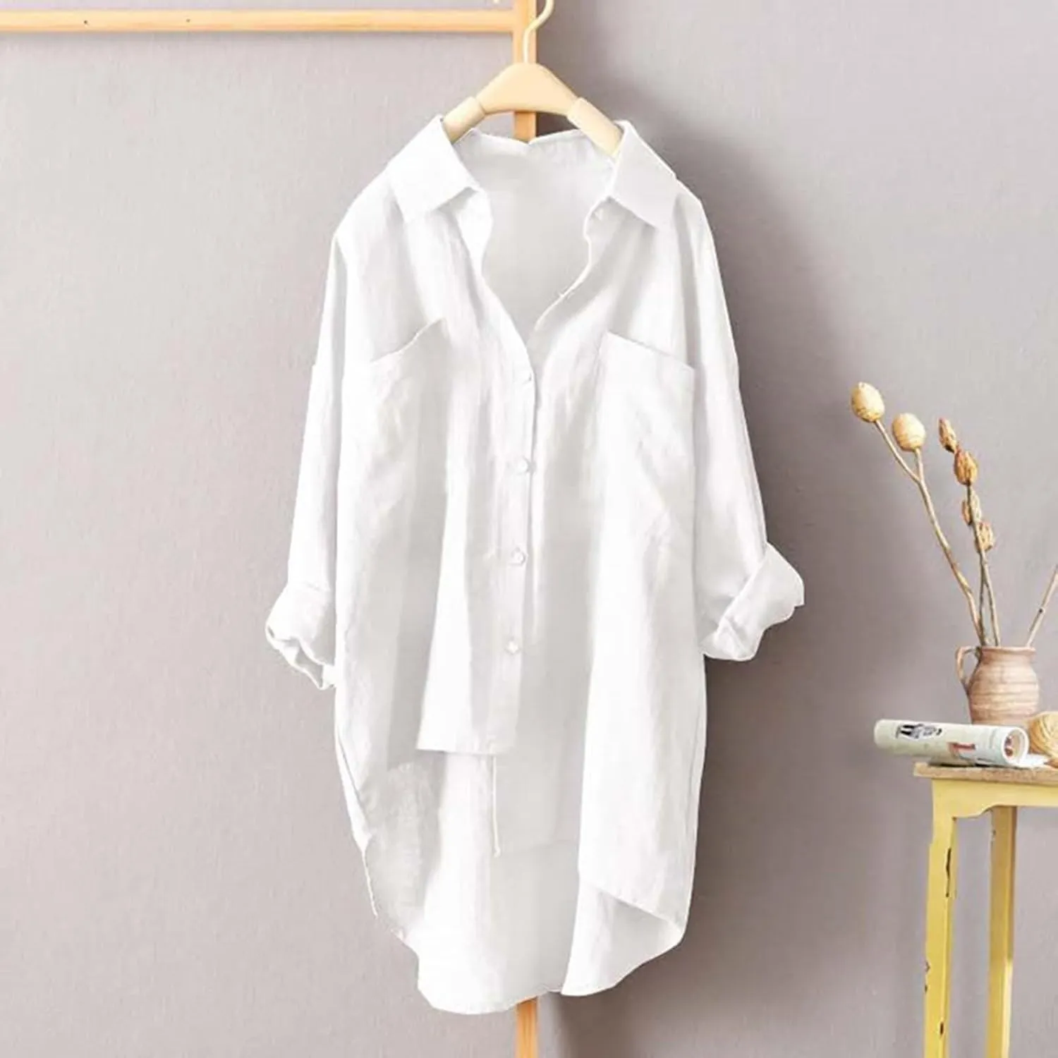 Women's Solid Cotton Linen Lapel Shirt Short Front and Long Back Loose Super Long Top Mid-Sleeve Button-Down T-Shirt