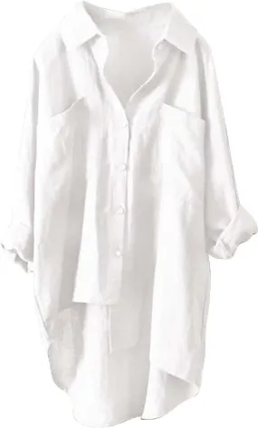 Women's Solid Cotton Linen Lapel Shirt Short Front and Long Back Loose Super Long Top Mid-Sleeve Button-Down T-Shirt