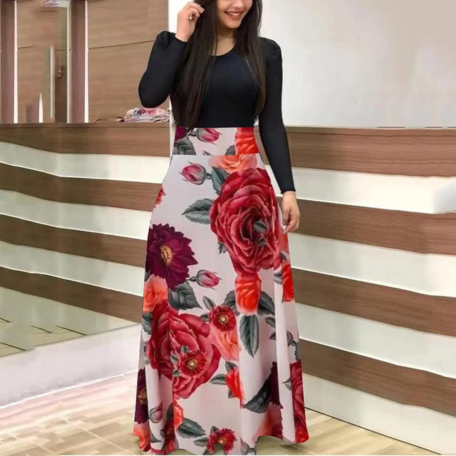 Womens Spring Fashion Slimming Long Sleeve Floral Print Dresses Classy Crewneck Long Dress