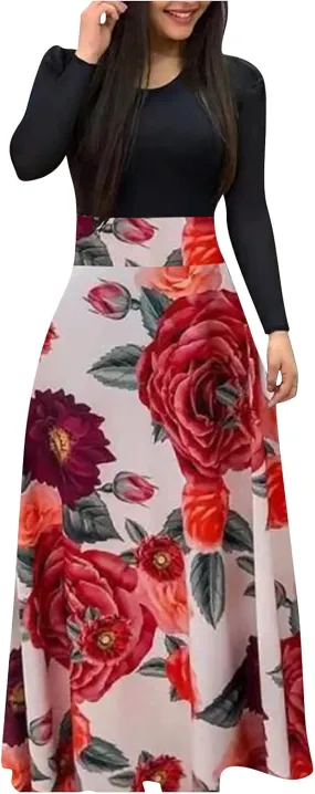 Womens Spring Fashion Slimming Long Sleeve Floral Print Dresses Classy Crewneck Long Dress
