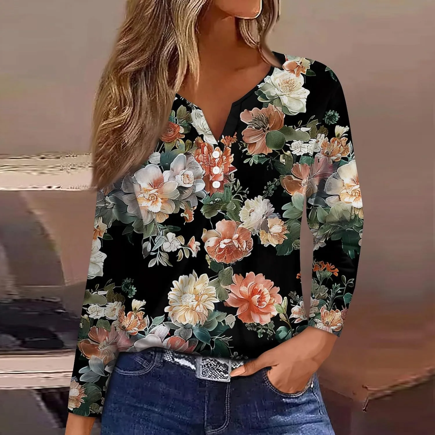 Womens Spring Long Sleeve Tops Button Down Henley V Neck Shirts Dressy Casual Fall Floral Blouses