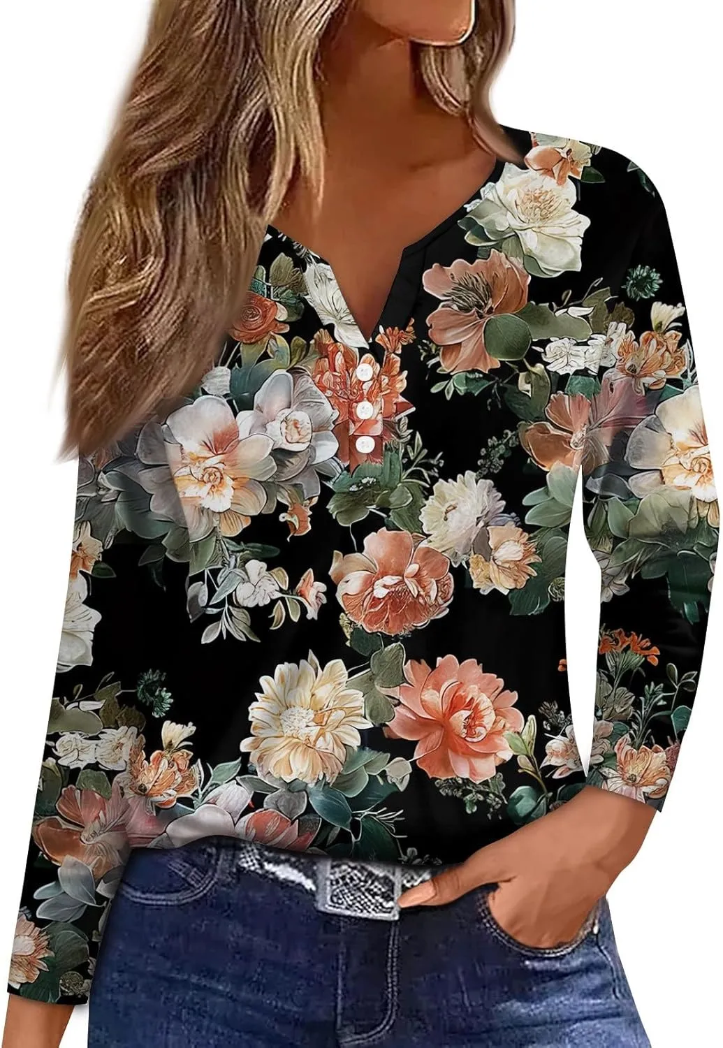 Womens Spring Long Sleeve Tops Button Down Henley V Neck Shirts Dressy Casual Fall Floral Blouses