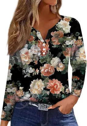 Womens Spring Long Sleeve Tops Button Down Henley V Neck Shirts Dressy Casual Fall Floral Blouses