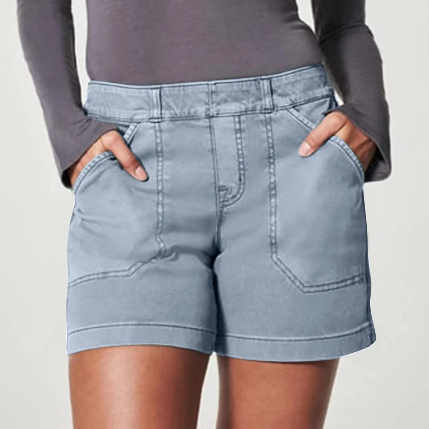 Womens Stretch Twill Shorts Casual High Waisted Elastic Wasit Chino Shorts Denim Jeans Shorts