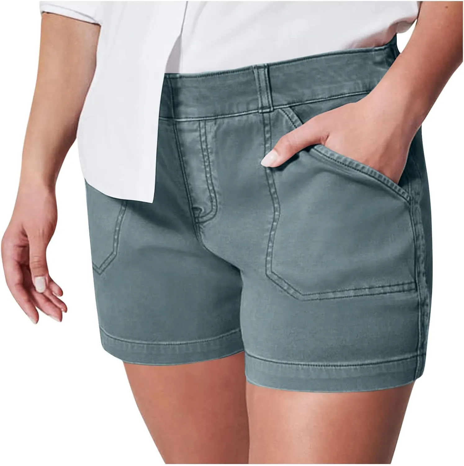 Womens Stretch Twill Shorts Casual High Waisted Elastic Wasit Chino Shorts Denim Jeans Shorts