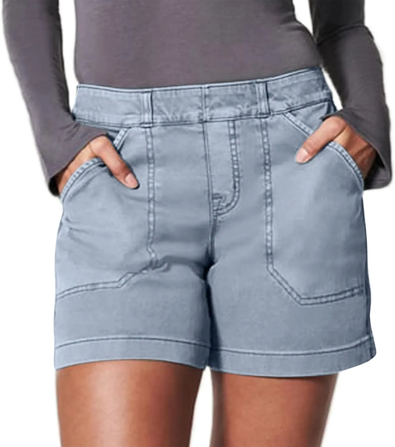 Womens Stretch Twill Shorts Casual High Waisted Elastic Wasit Chino Shorts Denim Jeans Shorts