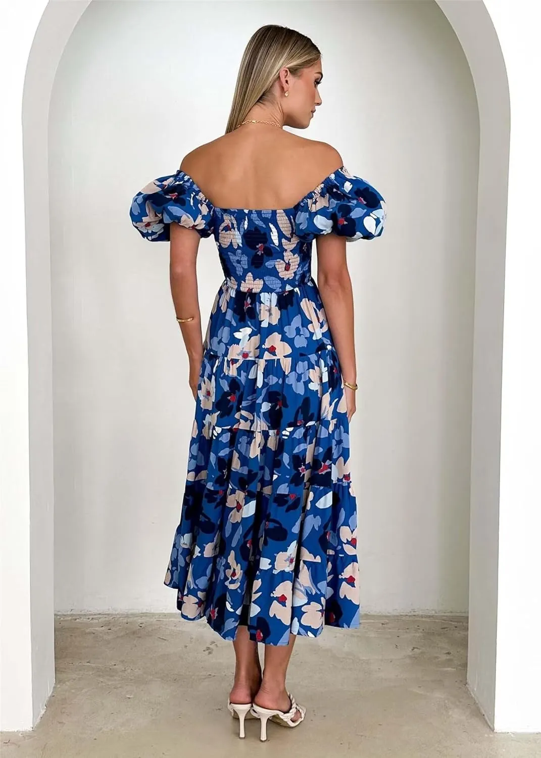 Womens Summer Dresses Cute Puff Sleeve Boho Dresses Flowy Ruched Maxi Dress Trendy Vacation Dresses Wedding Dresses
