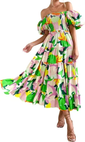 Womens Summer Dresses Cute Puff Sleeve Boho Dresses Flowy Ruched Maxi Dress Trendy Vacation Dresses Wedding Dresses