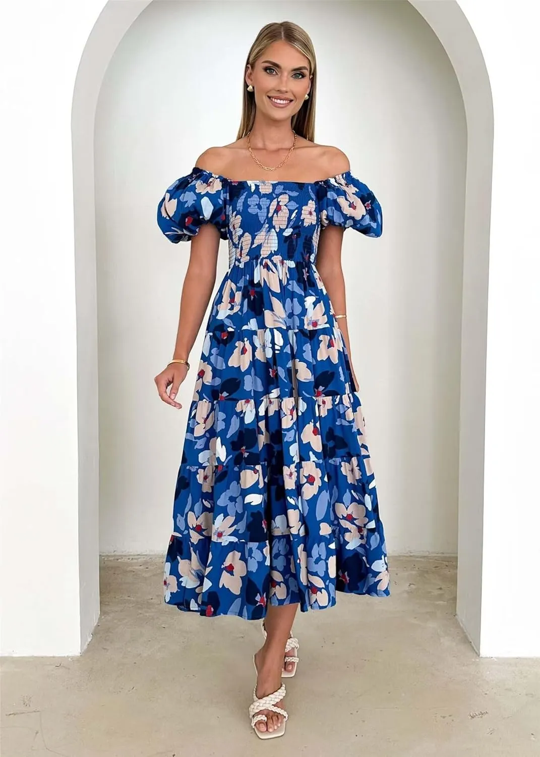 Womens Summer Dresses Cute Puff Sleeve Boho Dresses Flowy Ruched Maxi Dress Trendy Vacation Dresses Wedding Dresses