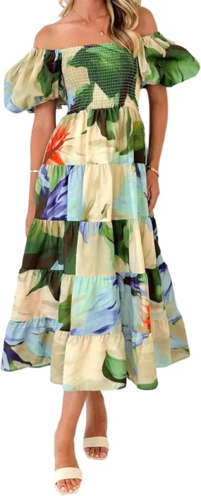 Womens Summer Dresses Cute Puff Sleeve Boho Dresses Flowy Ruched Maxi Dress Trendy Vacation Dresses Wedding Dresses