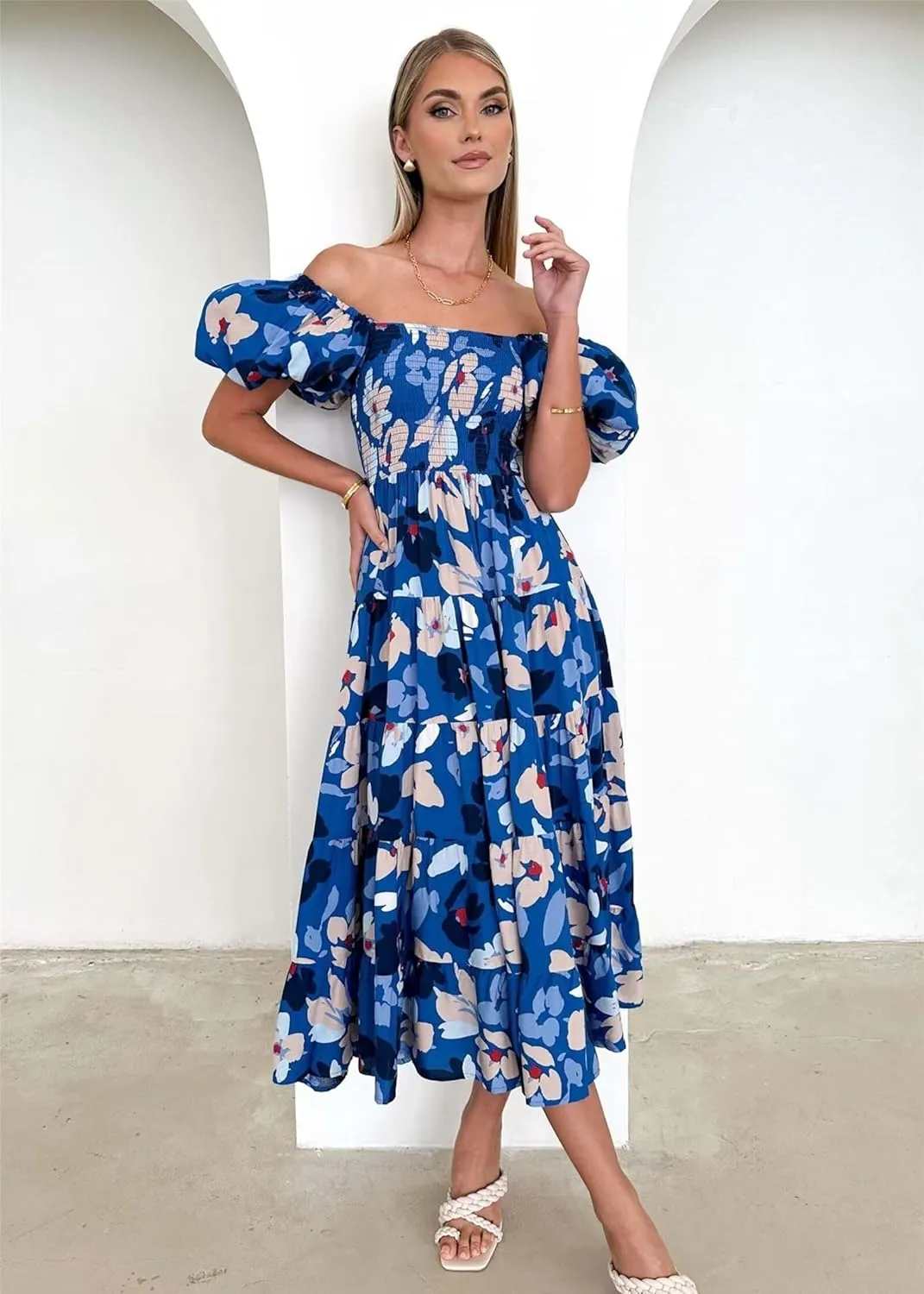 Womens Summer Dresses Cute Puff Sleeve Boho Dresses Flowy Ruched Maxi Dress Trendy Vacation Dresses Wedding Dresses
