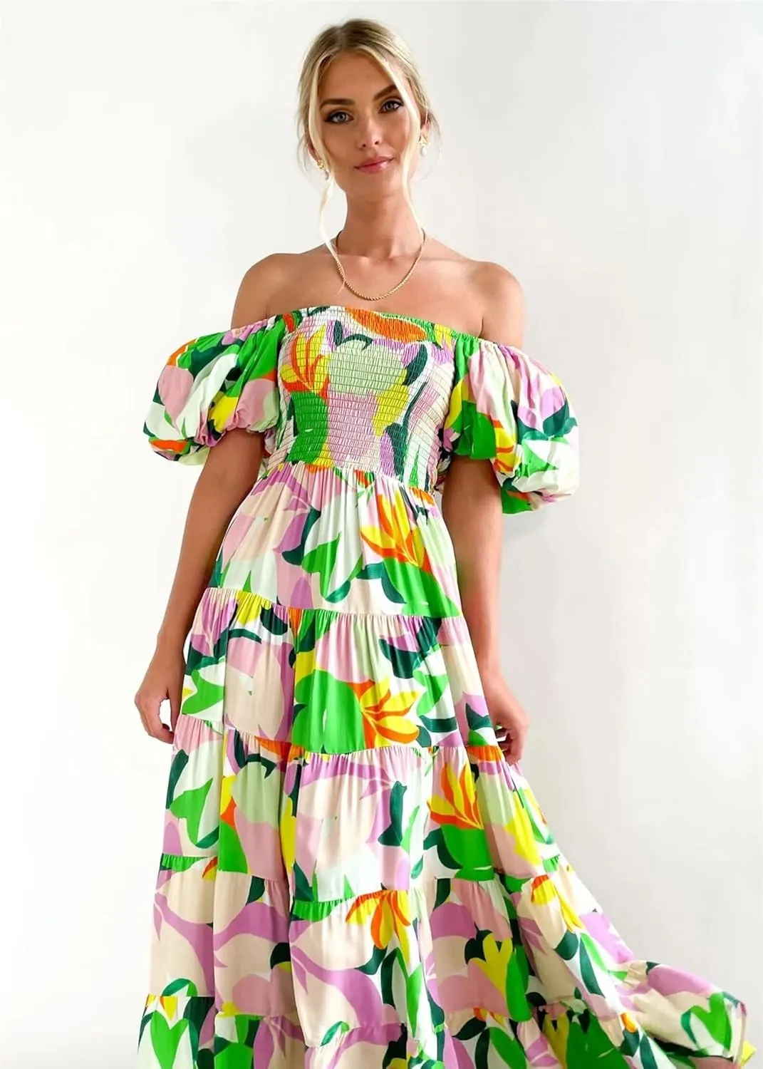 Womens Summer Dresses Cute Puff Sleeve Boho Dresses Flowy Ruched Maxi Dress Trendy Vacation Dresses Wedding Dresses