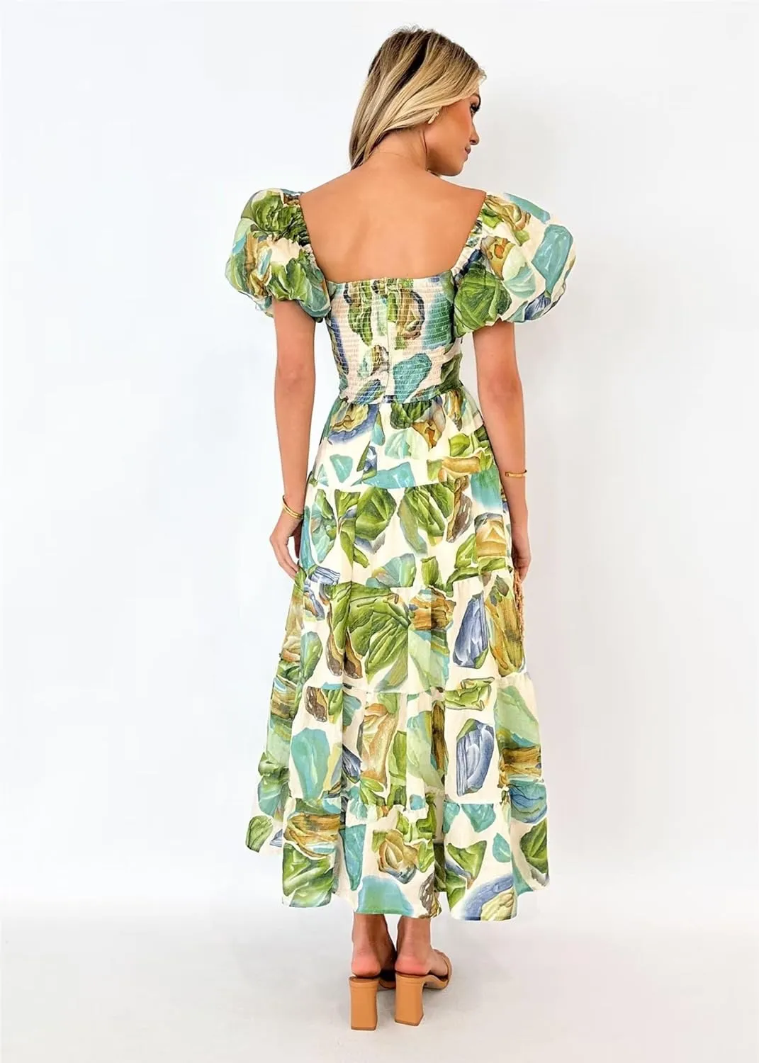 Womens Summer Dresses Cute Puff Sleeve Boho Dresses Flowy Ruched Maxi Dress Trendy Vacation Dresses Wedding Dresses