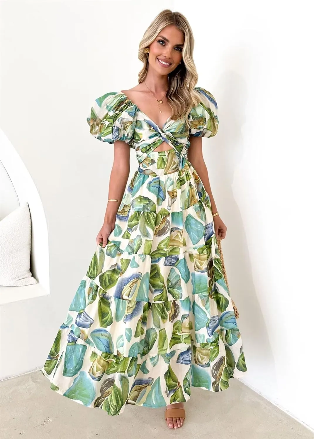 Womens Summer Dresses Cute Puff Sleeve Boho Dresses Flowy Ruched Maxi Dress Trendy Vacation Dresses Wedding Dresses