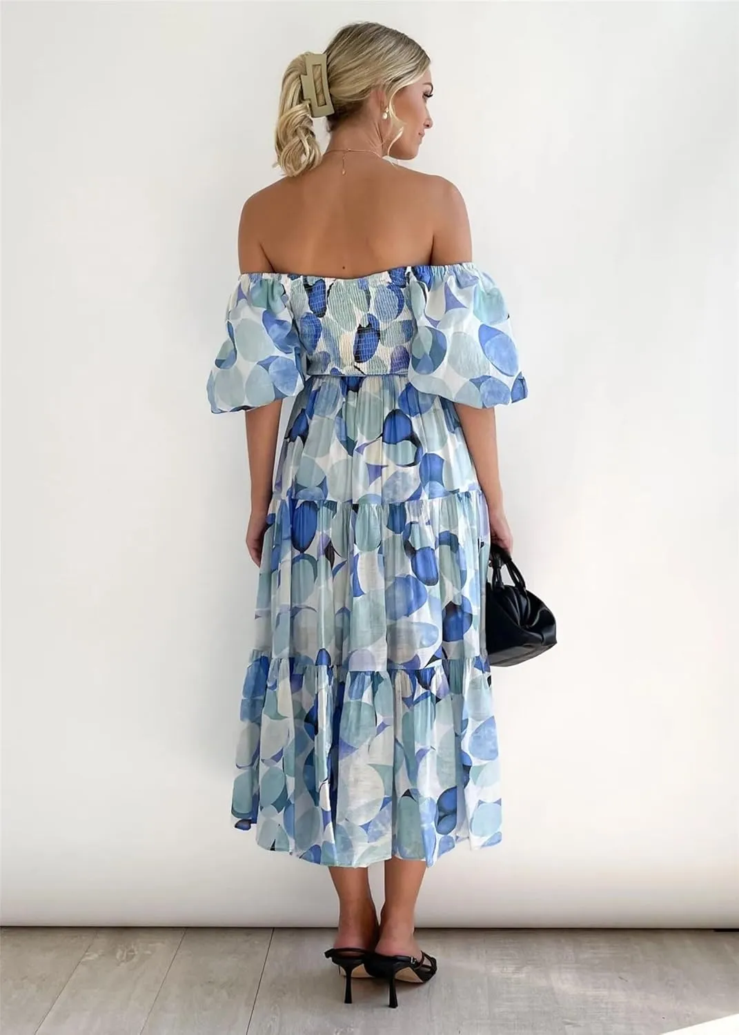 Womens Summer Dresses Cute Puff Sleeve Boho Dresses Flowy Ruched Maxi Dress Trendy Vacation Dresses Wedding Dresses