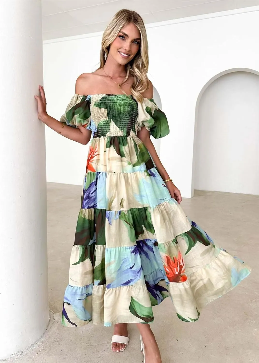 Womens Summer Dresses Cute Puff Sleeve Boho Dresses Flowy Ruched Maxi Dress Trendy Vacation Dresses Wedding Dresses