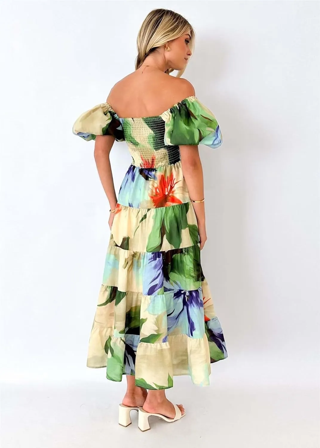 Womens Summer Dresses Cute Puff Sleeve Boho Dresses Flowy Ruched Maxi Dress Trendy Vacation Dresses Wedding Dresses